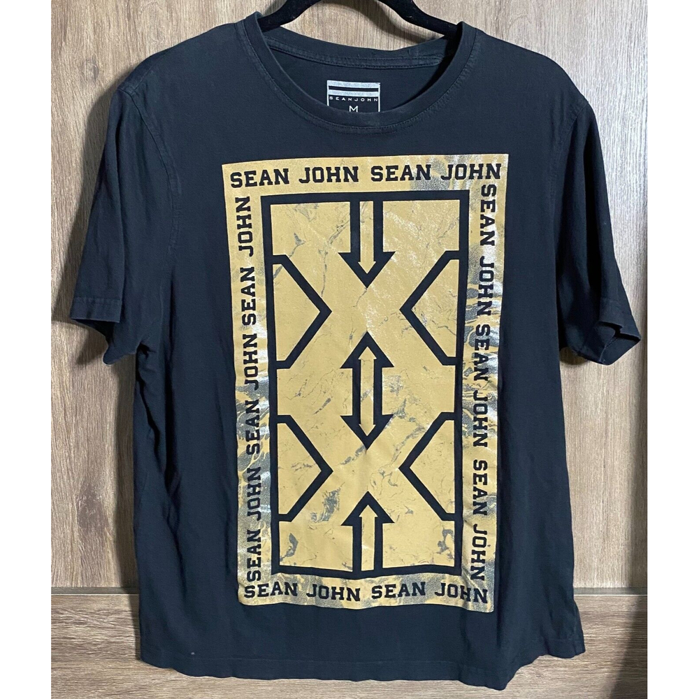 Sean John Spell Out Graphic Black & Gold T-Shirt Size Medium
